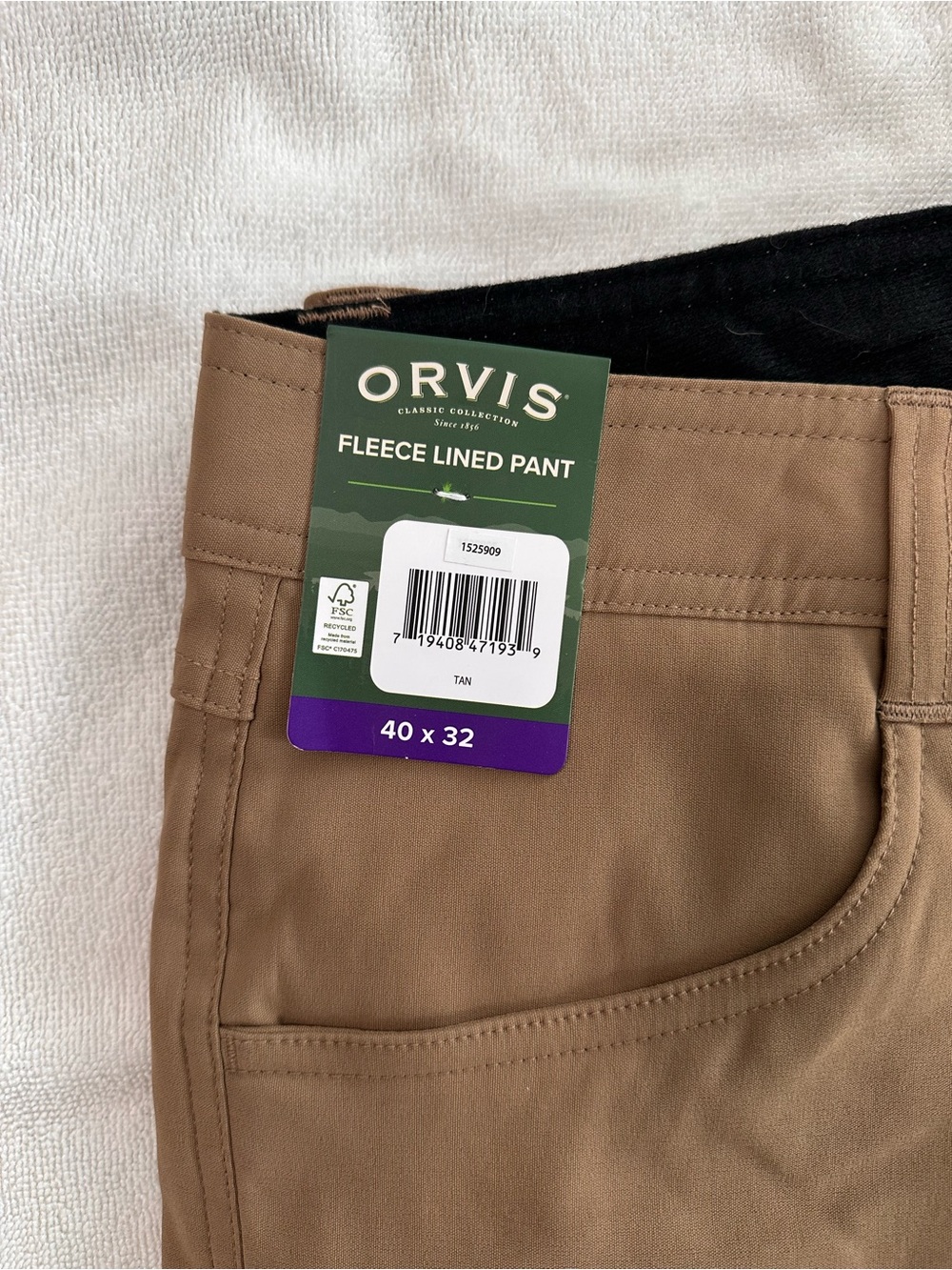 NWT Orvis Fleece Lined Pants Men’s 40x32 Tan Stretch Water Repellent